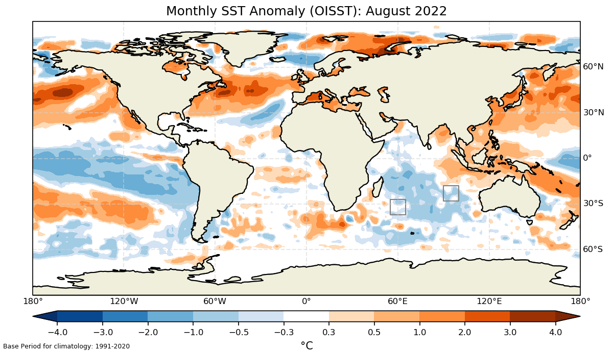 Latest monthly SIOD observations - Sea Surface Temperature map